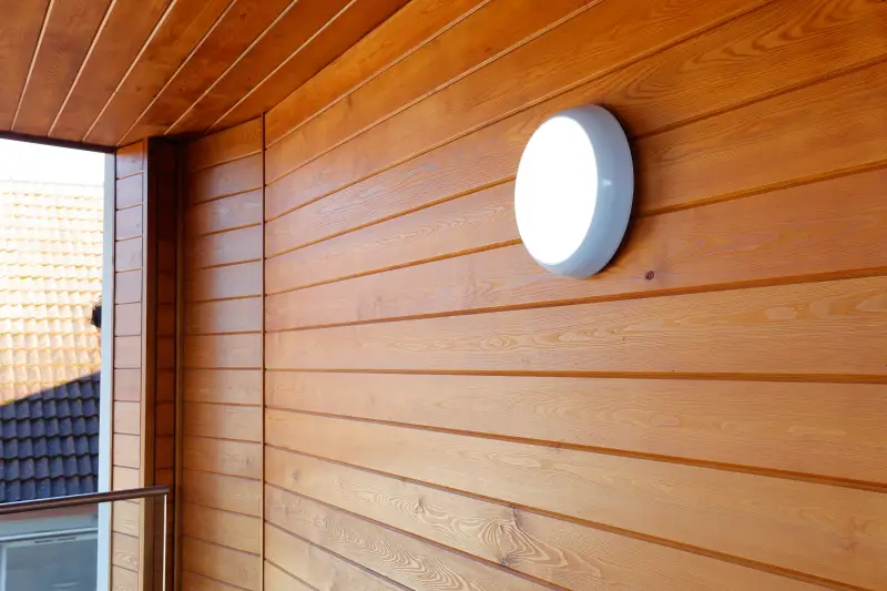 bulkhead led light on wooden panel wall