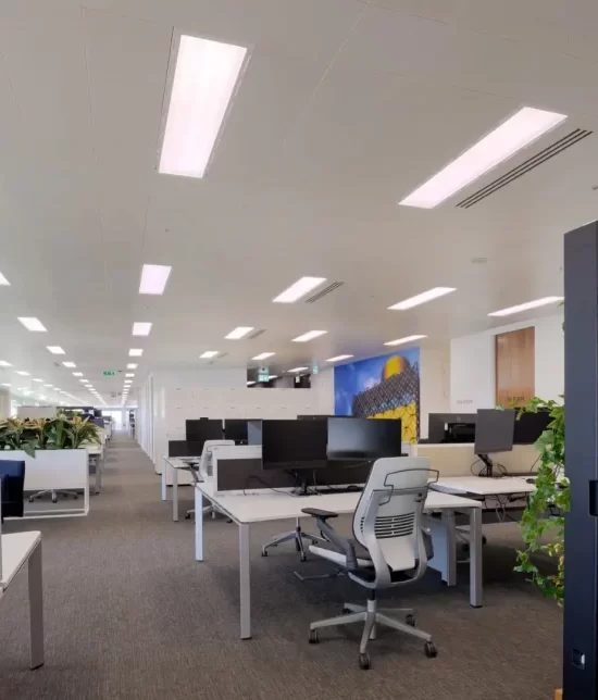 An office setting featuring a rows of lights