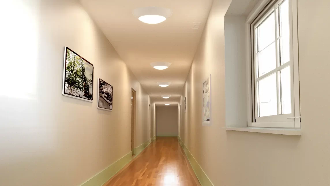 A corridor with anti-ligature lighting