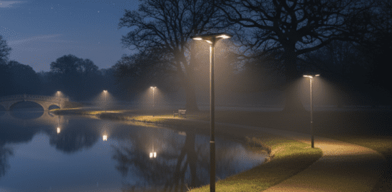 dark skies lighting in park by the water