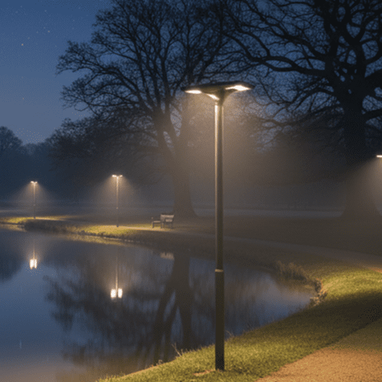 dark skies lighting in park by the water