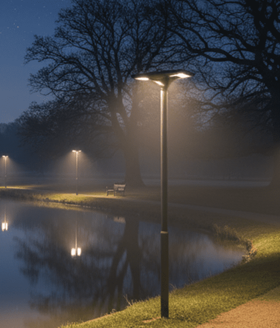 dark skies lighting in park by the water