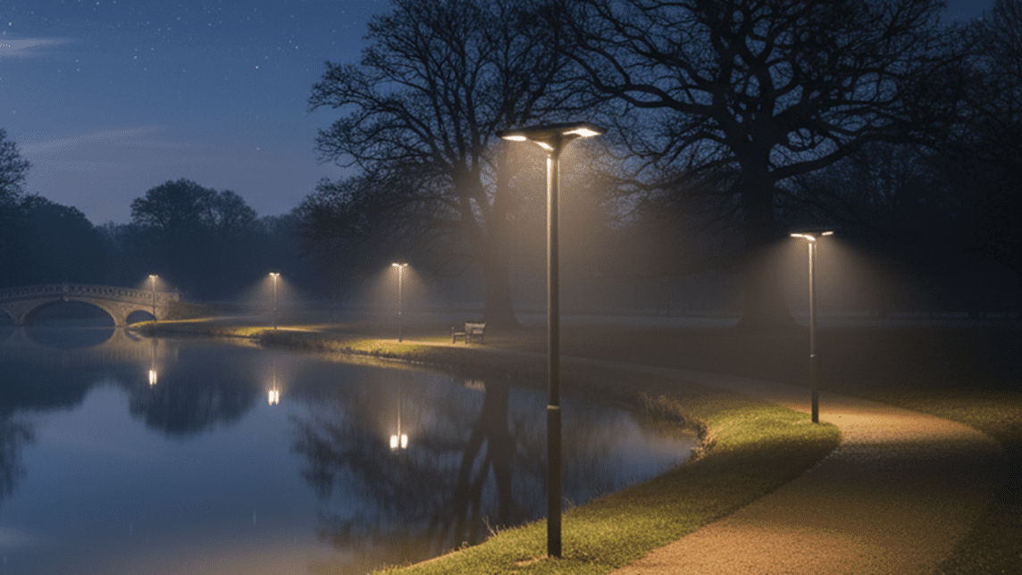 dark skies lighting in park by the water