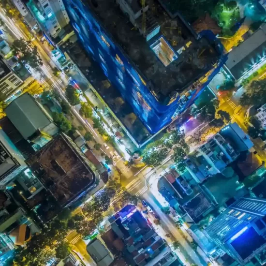 aerial shot of a neon city
