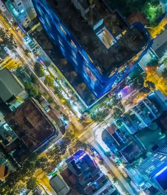 aerial shot of a neon city
