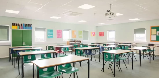 Recessed panel lighting in a classroom
